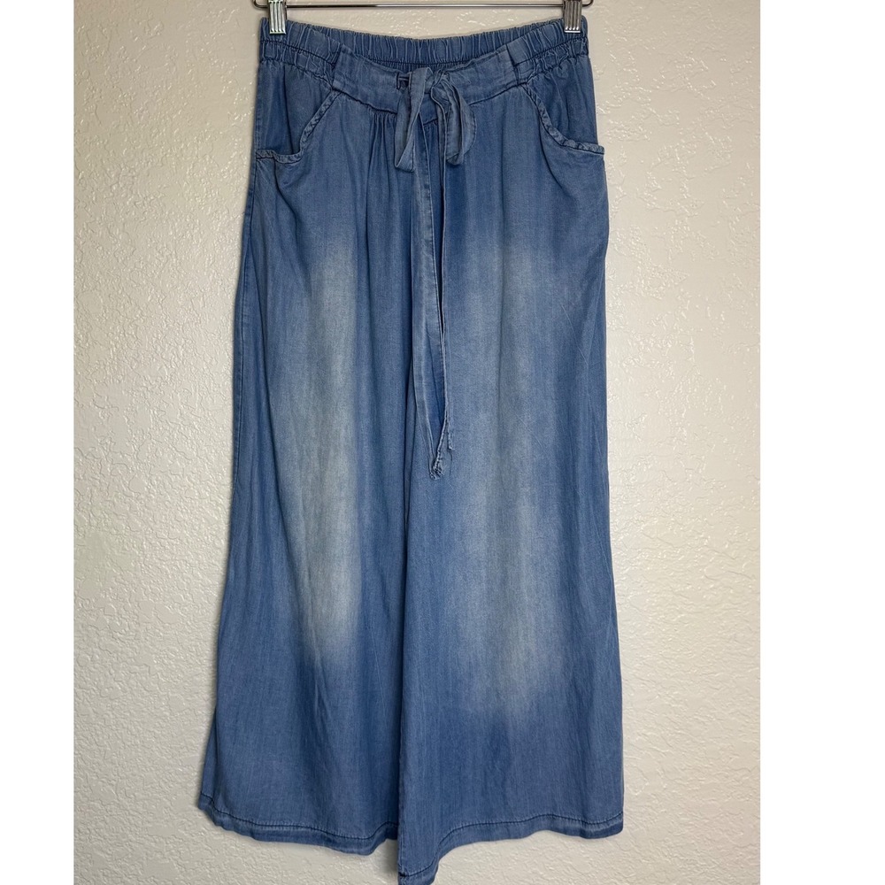 Wide Leg Pants Tempo Paris Womens One Size Blue Tencel Drawstring Culottes